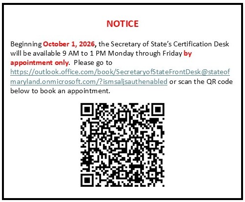 image of notice that the certifications office is moving to appointments only starting on October 1.  Also has a QR code to take you to the appointments page